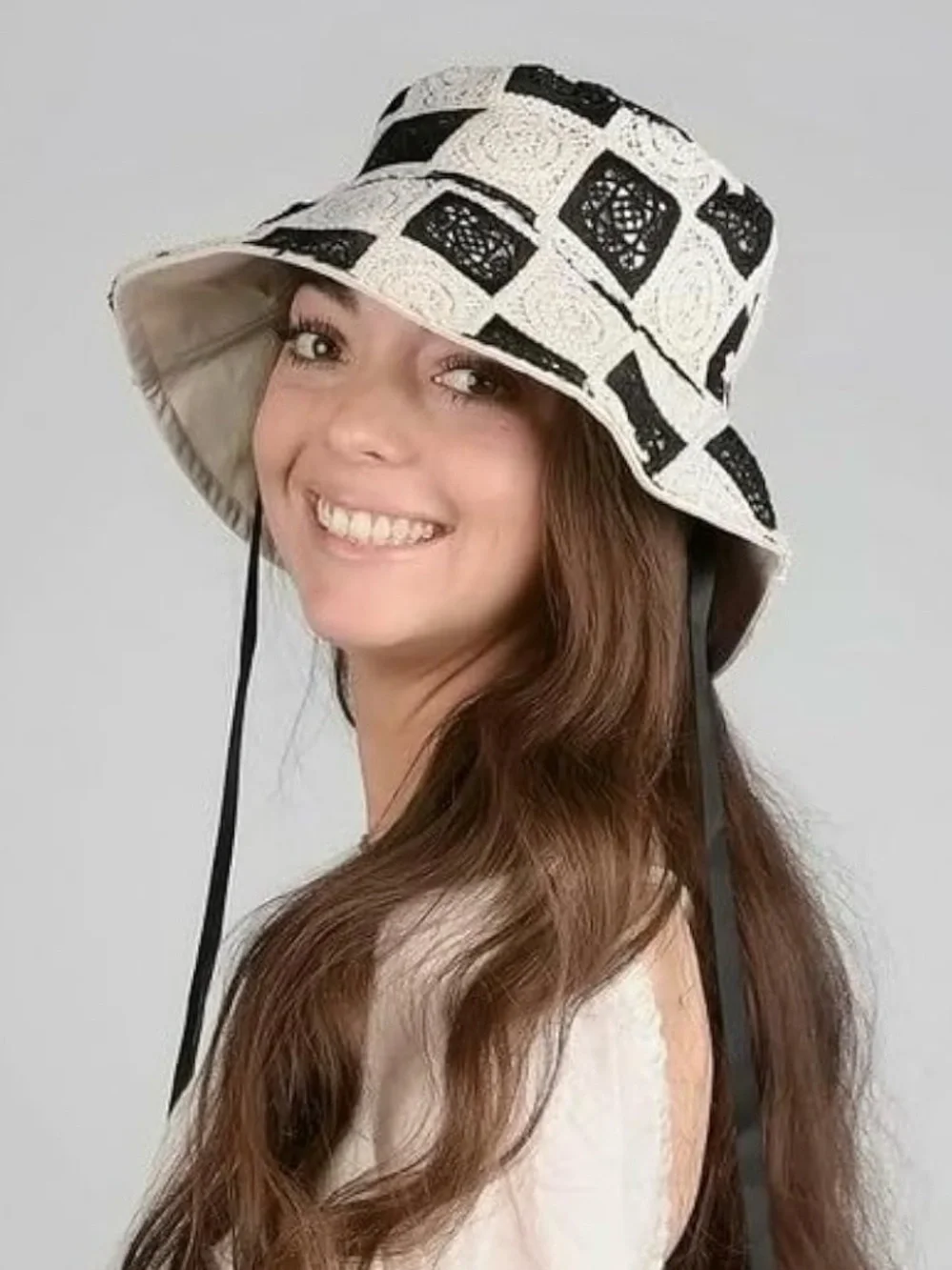 House of Harlow 1960 Floral Crochet Lace checkered Bucket Hat